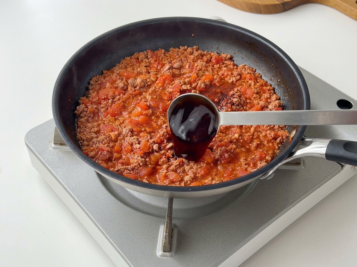 Salsa di soia scura versata da un misurino di metallo nel mix fumante di pomodoro e manzo.