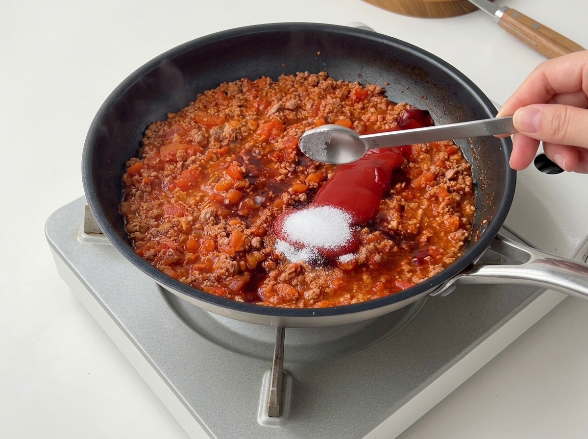 Una mano tiene un cucchiaino aggiungendo sale e zucchero sopra il ketchup e la salsa di soia non mescolati in padella.