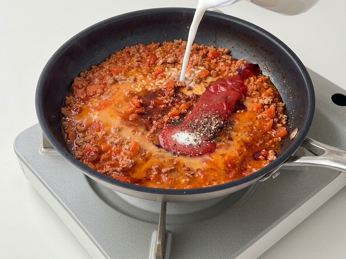 Una miscela bianca di acqua e amido di mais versata da una tazzina in una padella con carne, pomodori e condimenti.