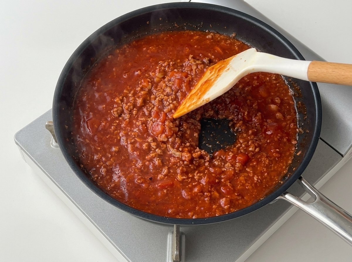 Una spatola di silicone bianca mescola un sugo rosso denso e lucido di pomodoro e manzo in padella.