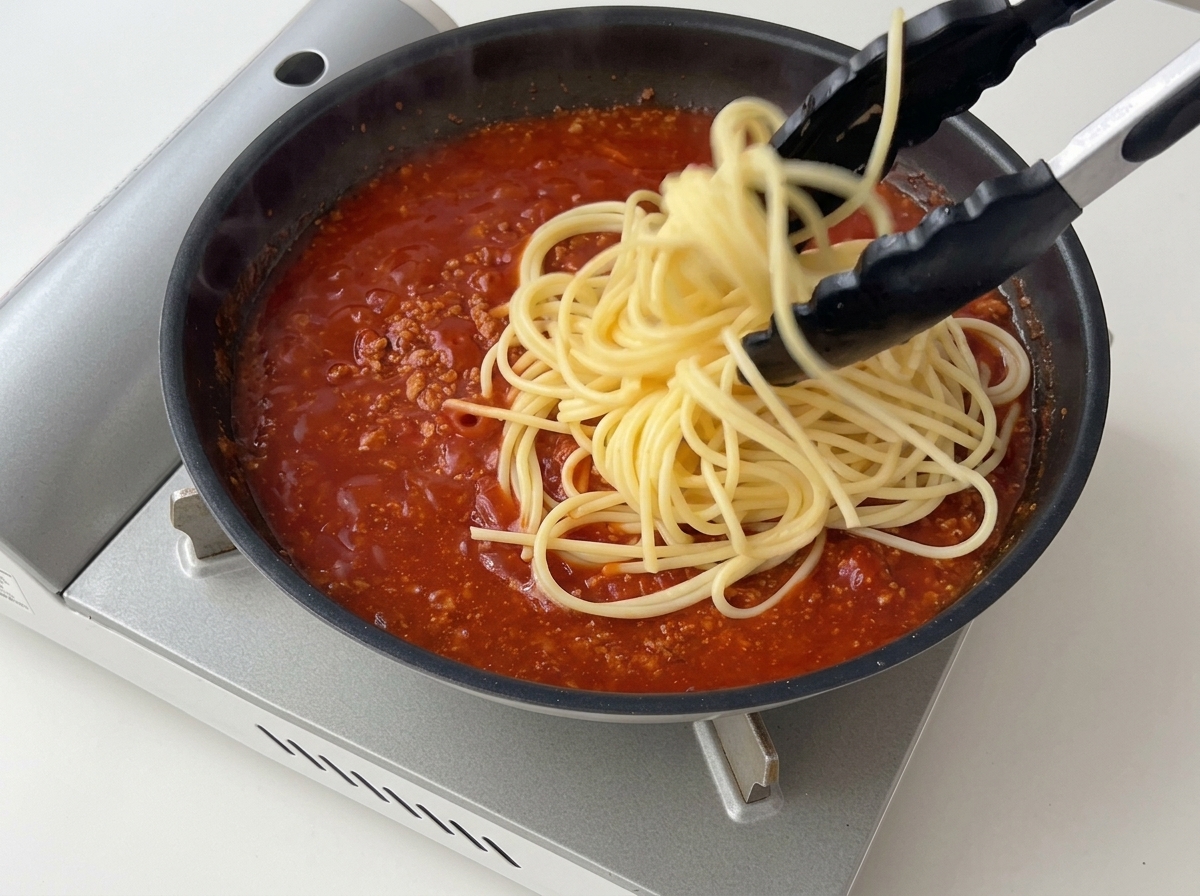 Pinze nere che calano gli spaghetti cotti in una padella piena di sugo di manzo e pomodoro.