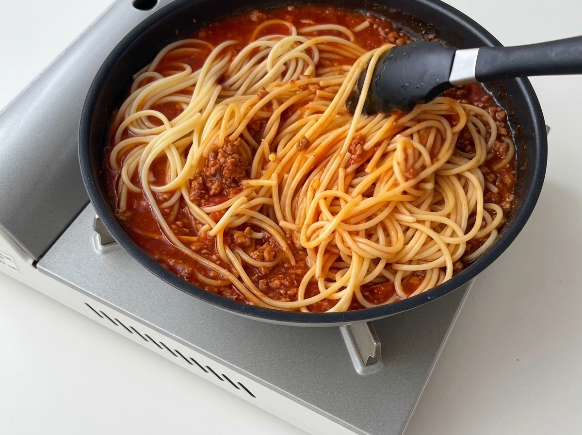 Un utensile da cucina nero mescola gli spaghetti in un denso sugo rosso di carne e pomodoro in una padella.