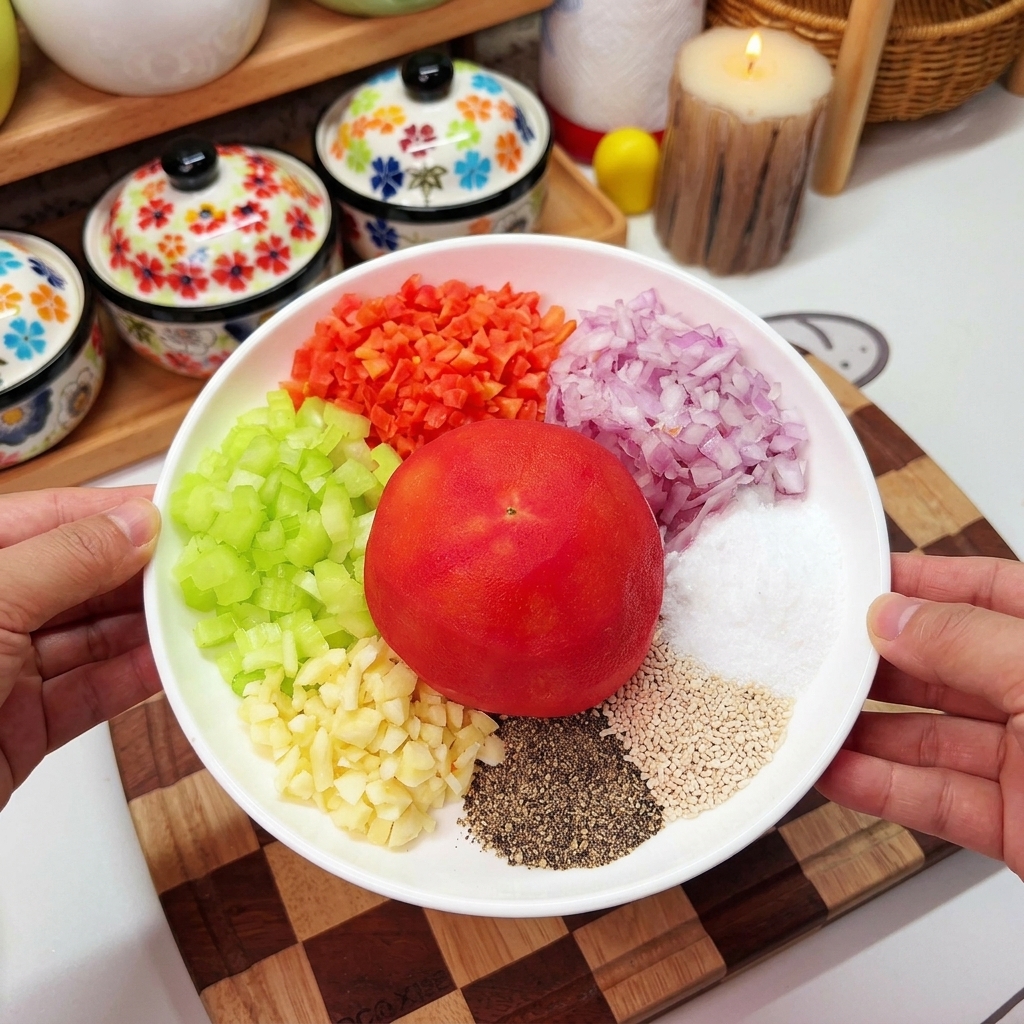 Pomodoro pelato, verdure a dadini e condimenti pronti per essere inseriti nel robot da cucina.