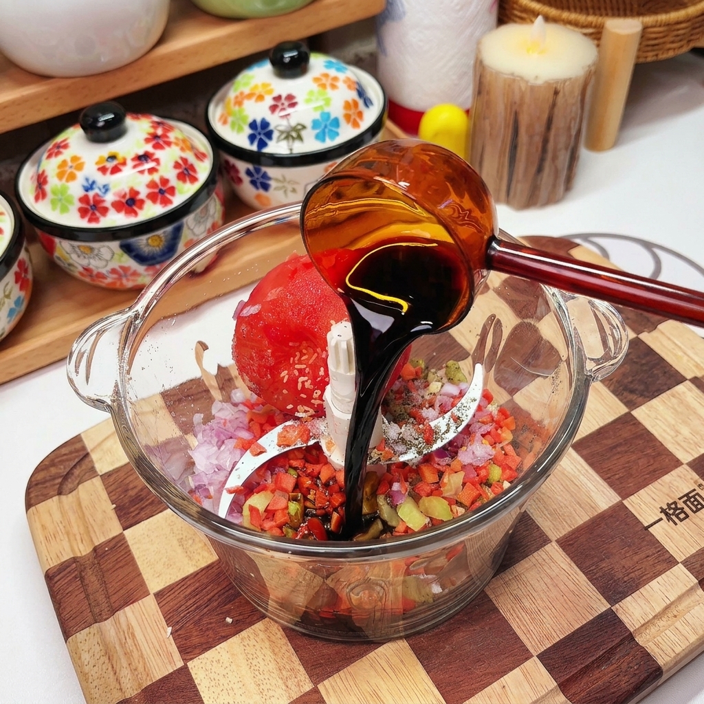 Salsa di soia scura versata da un misurino in un robot da cucina contenente verdure e spezie.