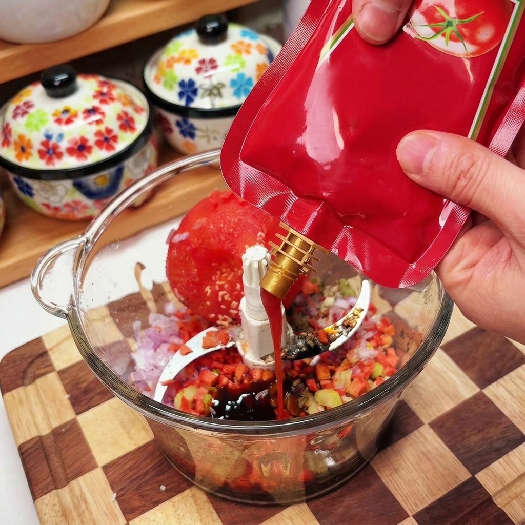 Ketchup versato direttamente sopra il pomodoro e le verdure tritate nel robot da cucina.