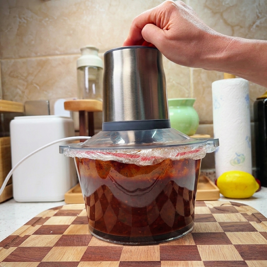 Robot da cucina coperto con pellicola trasparente mentre frulla gli ingredienti in una salsa rossa.