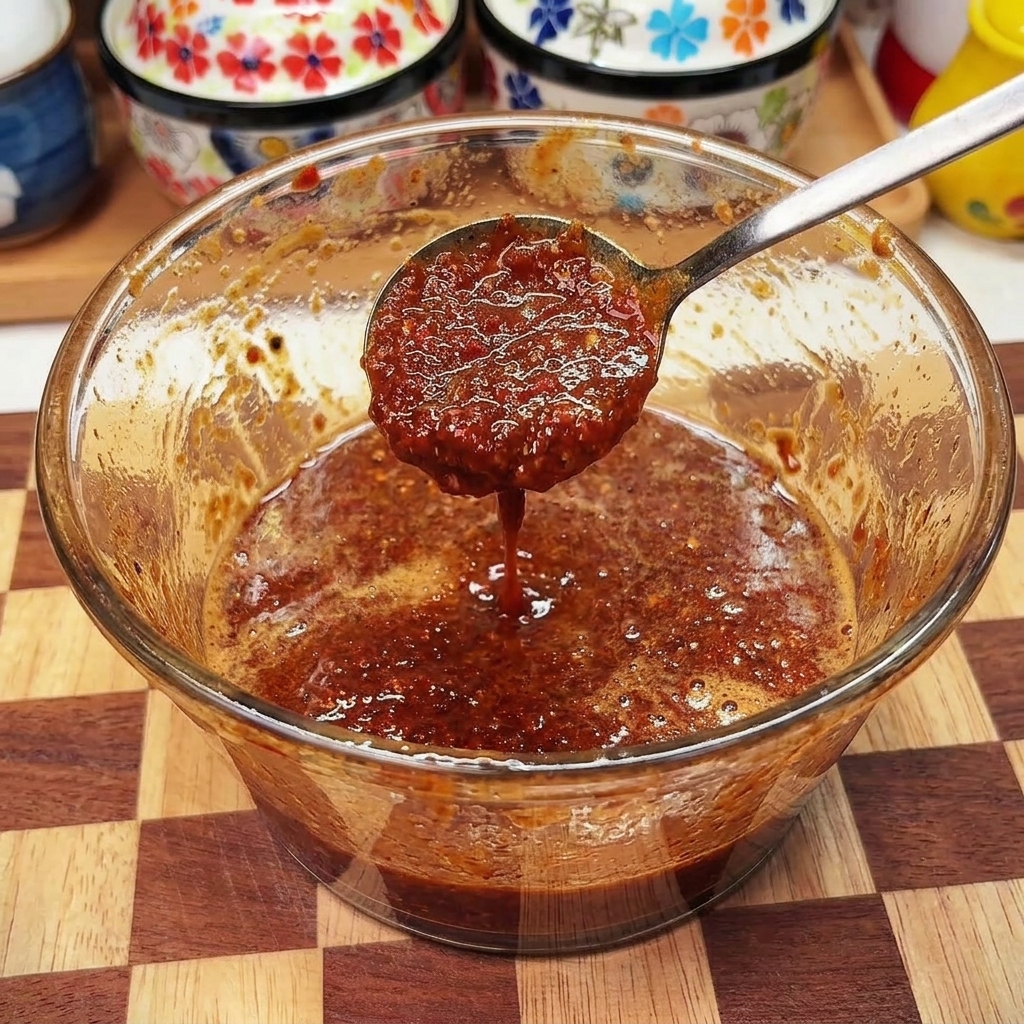 Un cucchiaio di metallo solleva una porzione di salsa densa al pomodoro e verdure da una ciotola.
