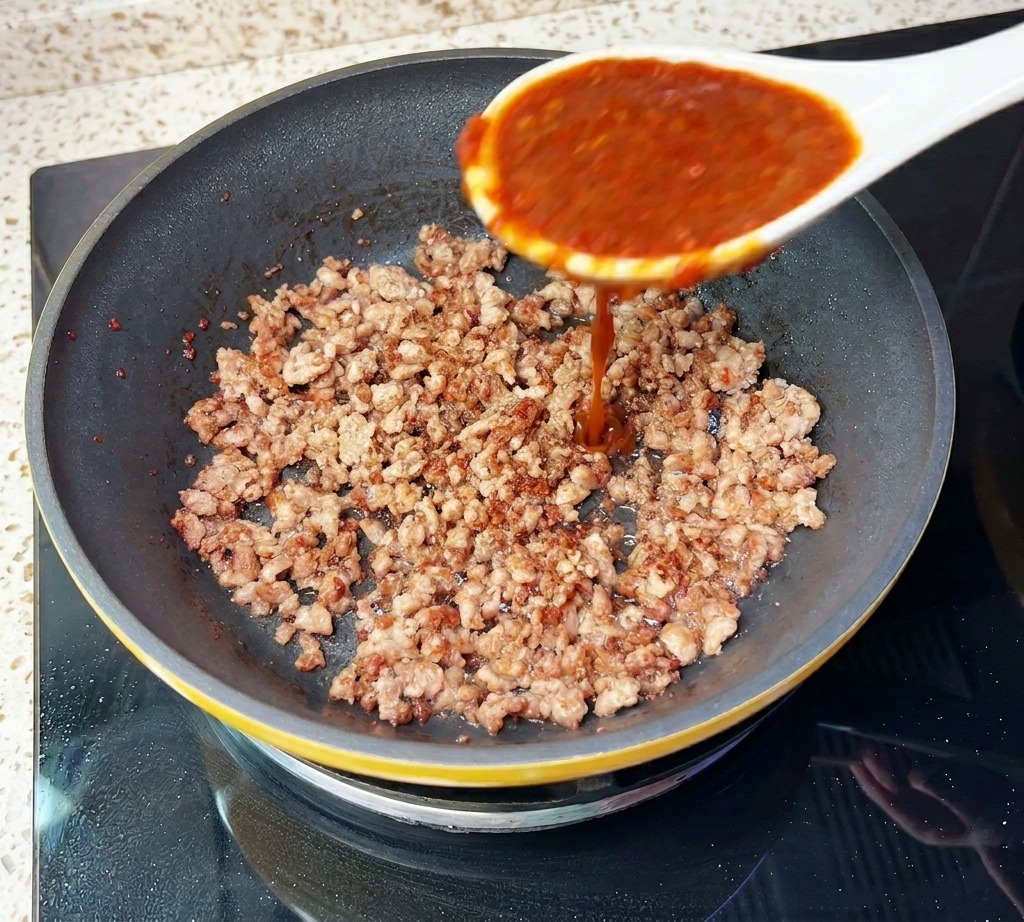 Salsa rossa densa versata da un cucchiaio bianco sul manzo rosolato in padella.