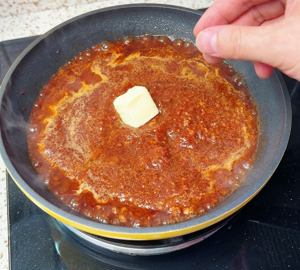 Una noce di burro aggiunta al centro del ragù fumante in padella.