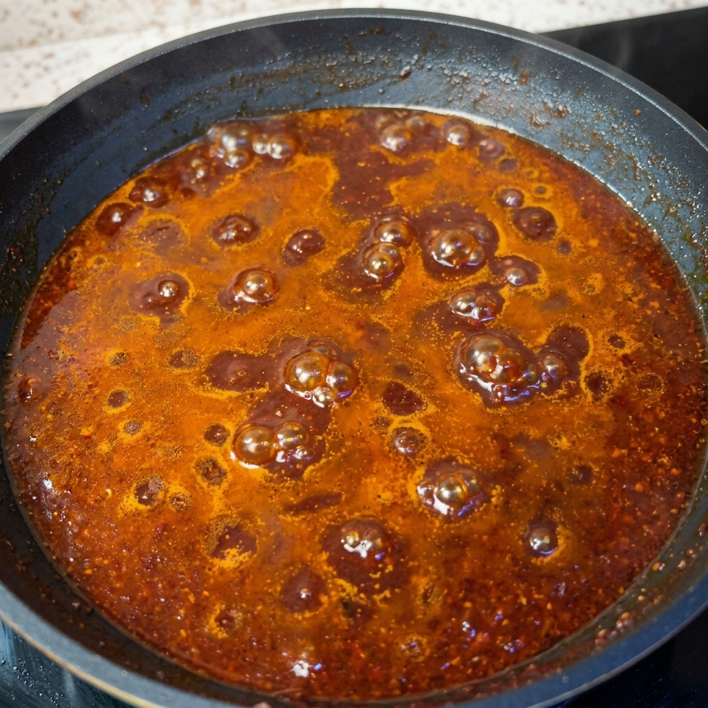 Dettaglio del ragù di carne denso e rosso scuro che sobbolle lentamente.
