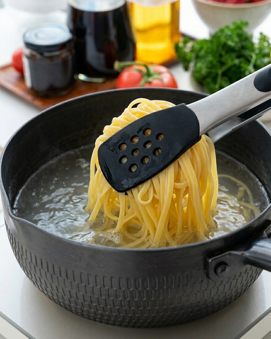 Pinze da cucina che sollevano spaghetti fumanti da una pentola dacqua.
