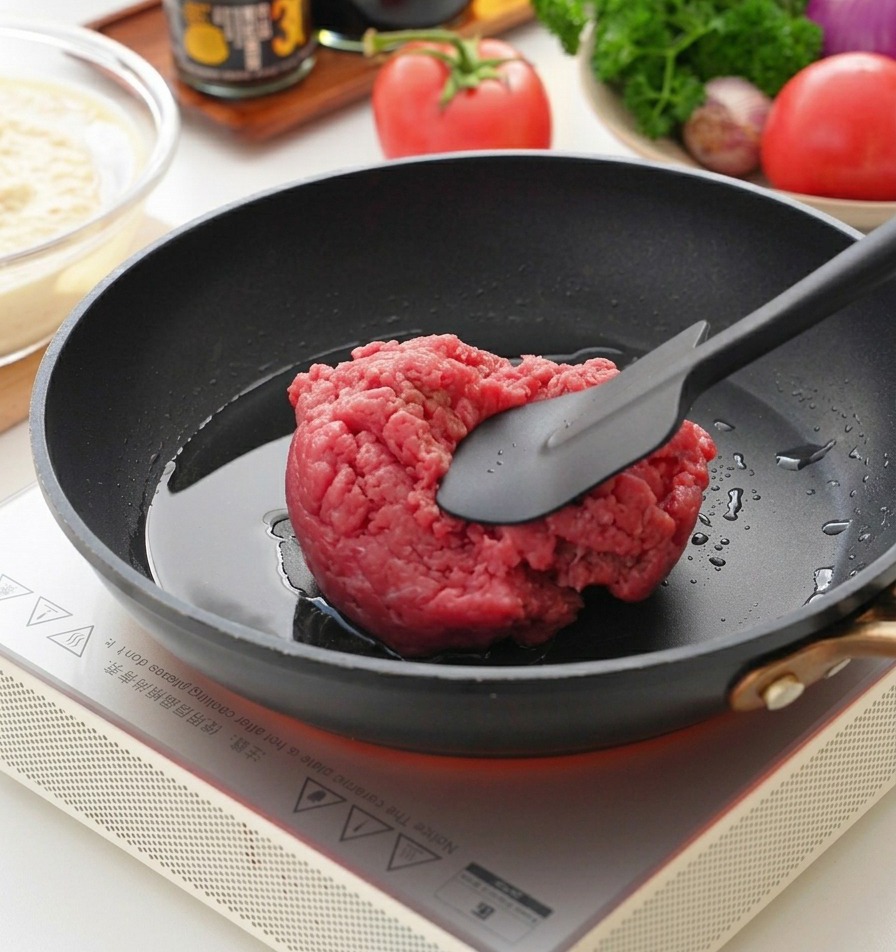 Una spatola che sgrana la carne macinata cruda in una padella calda.