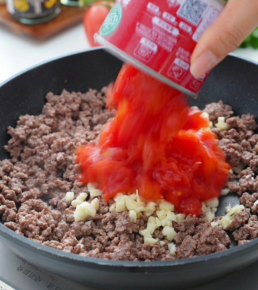 Pomodori a cubetti versati in padella sopra il manzo rosolato e laglio.