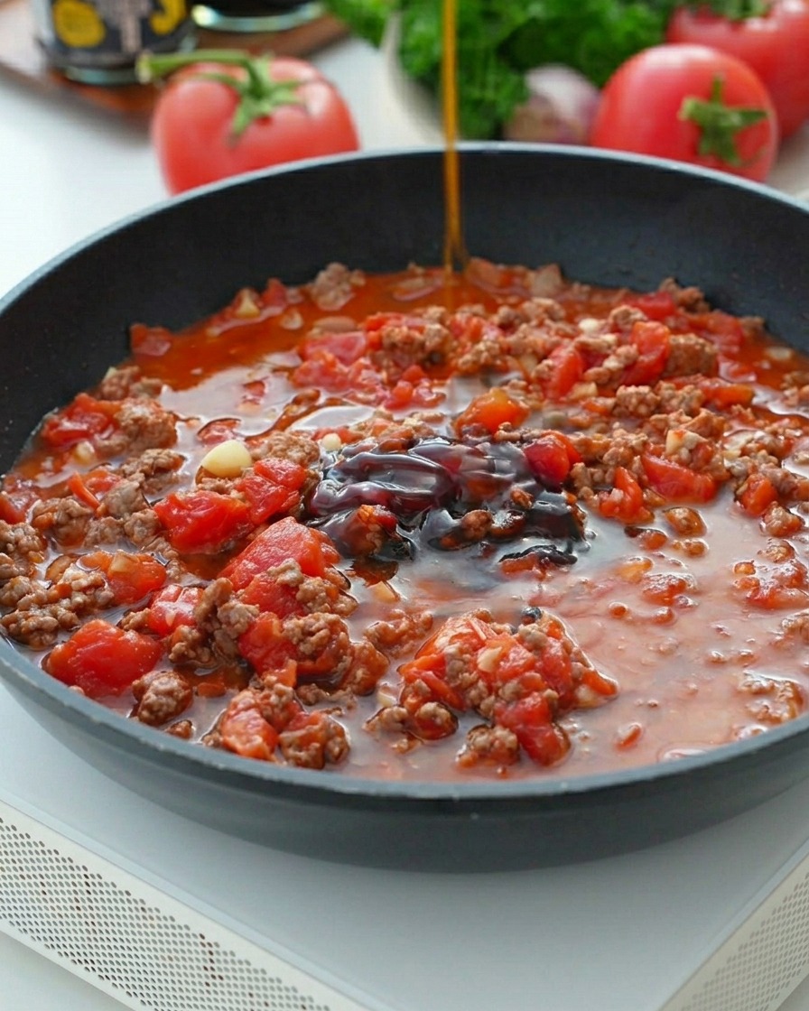 Un cucchiaio di zucchero spolverato sopra il sugo di carne in padella.
