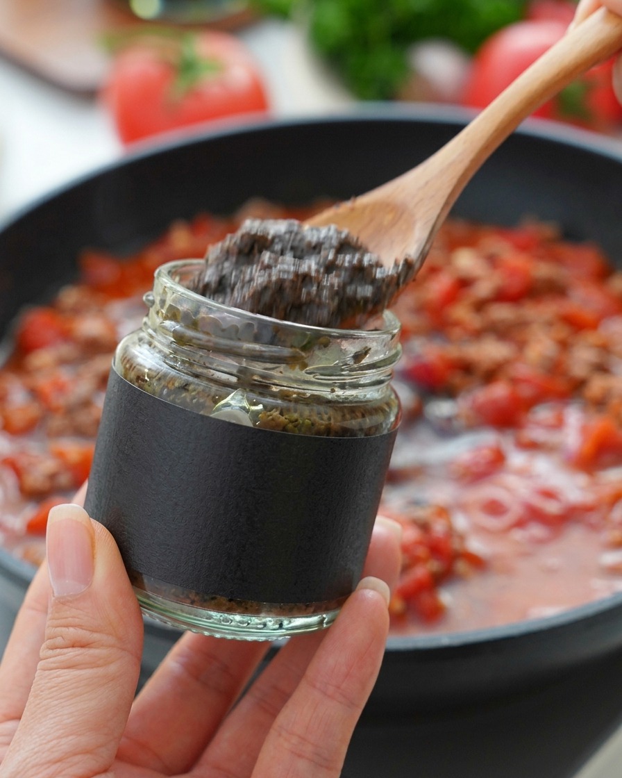 Una mano che versa salsa al tartufo nero da un vasetto nel ragù.
