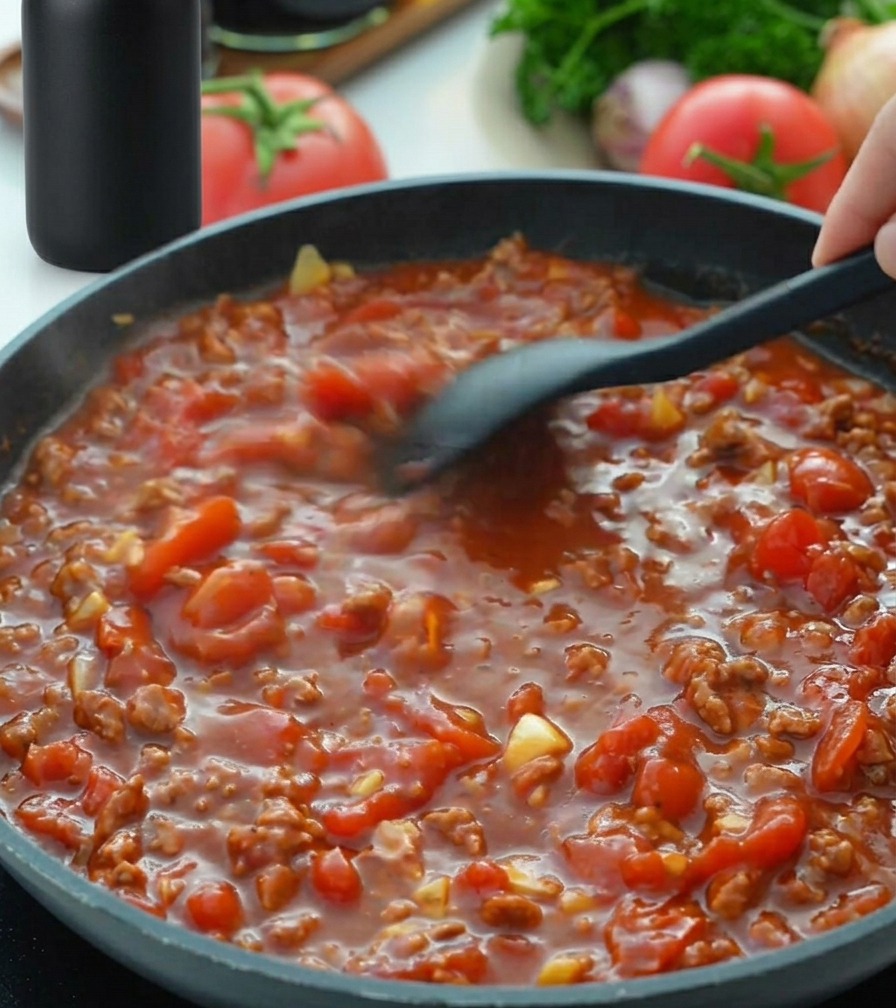 Spatola che mescola un ragù di carne denso e vibrante in una padella nera.