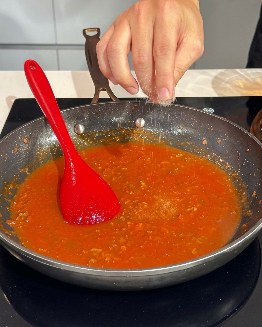 Una mano che sparge un pizzico di sale grosso in una padella con sugo di carne bollente.