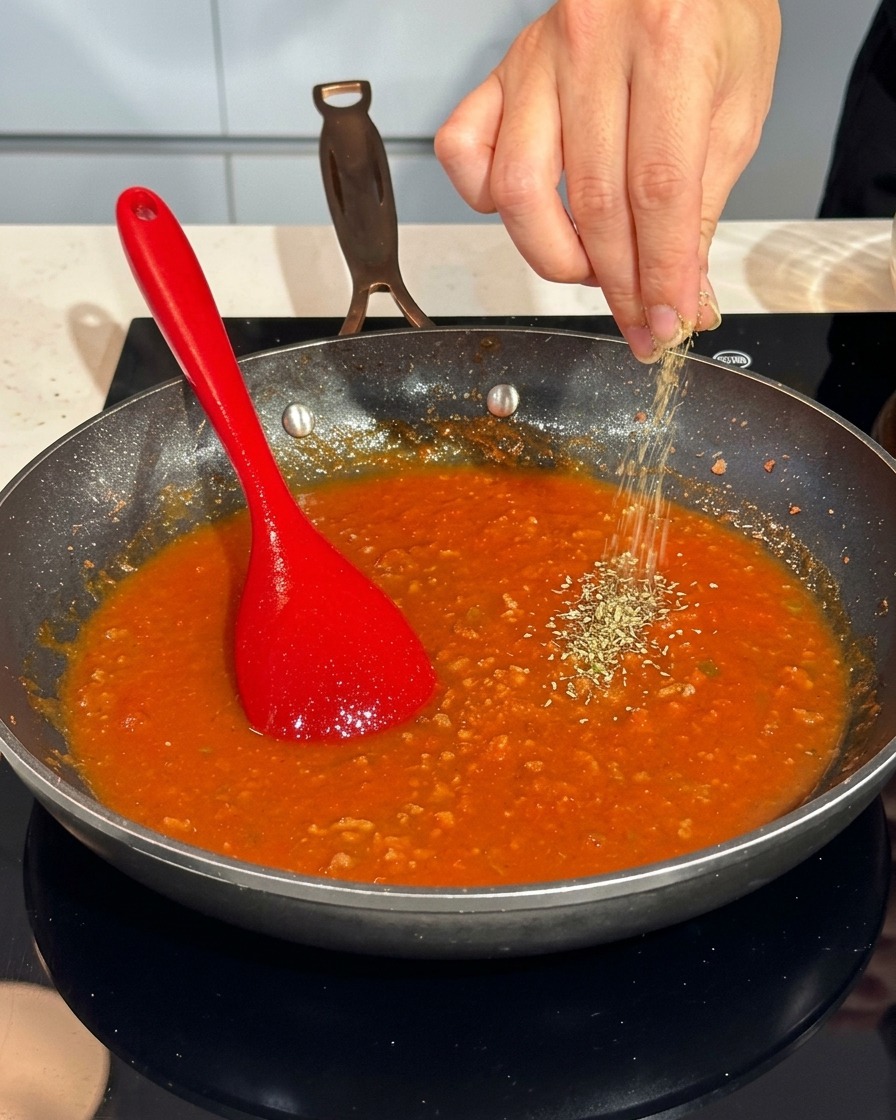 Una mano che spolvera pepe nero macinato in una padella con ragù di pomodoro.