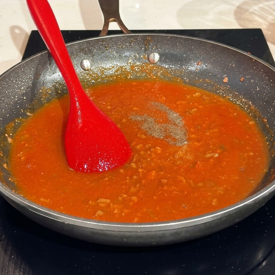 Spatola rossa in una padella con ragù condito con pepe e zucchero in superficie.