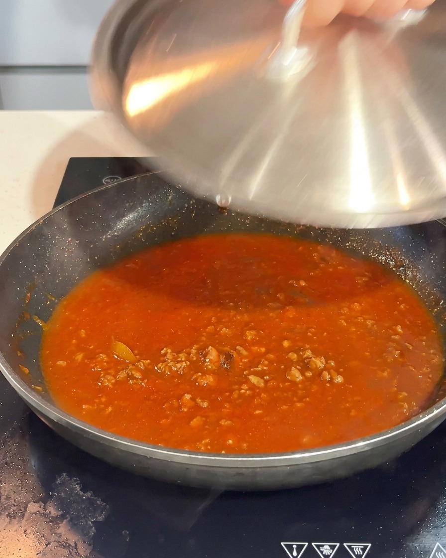 Una mano che posiziona un coperchio in acciaio inox su una padella con ragù di pomodoro.