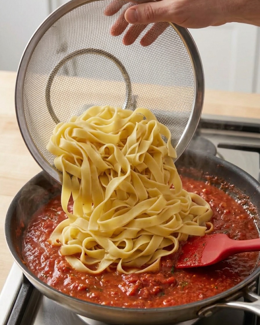 Colino con pappardelle calde versate in una padella colma di ragù di maiale.