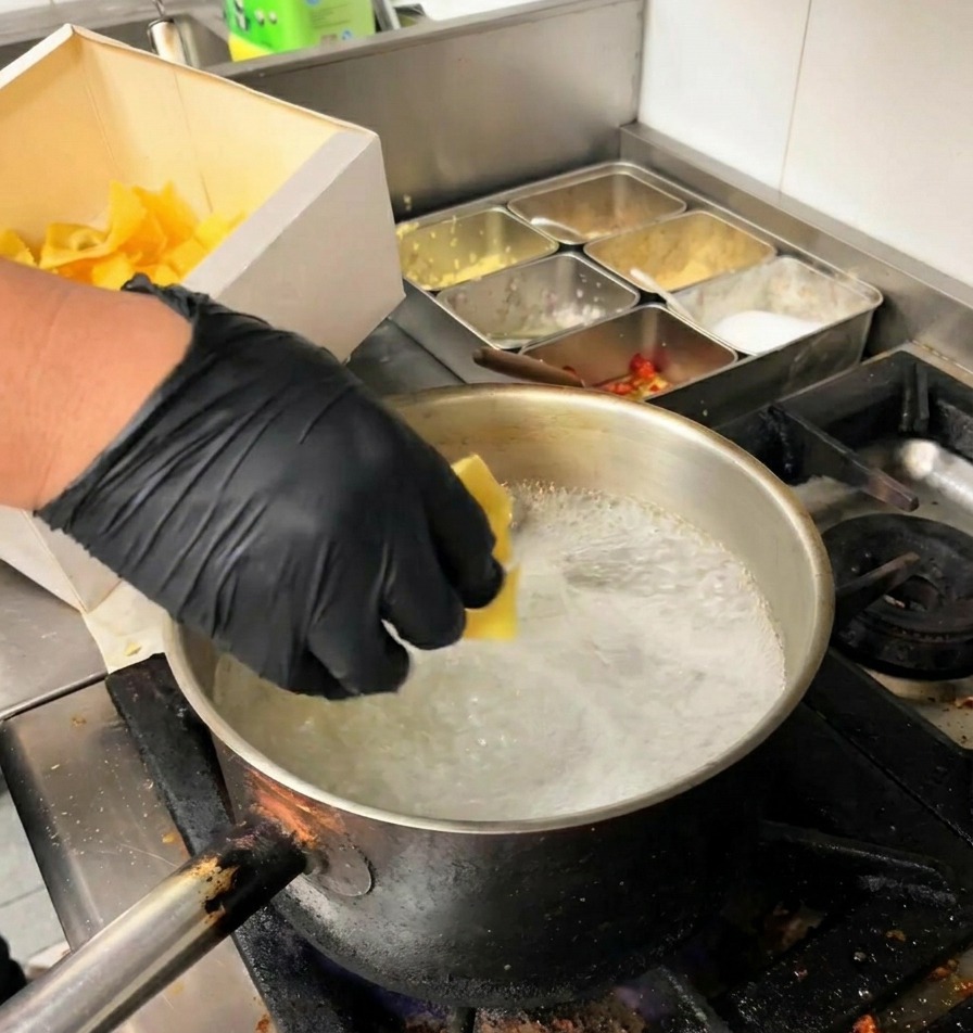Una mano con guanto nero immerge strisce di pasta larga gialla in una pentola di metallo con acqua bollente.