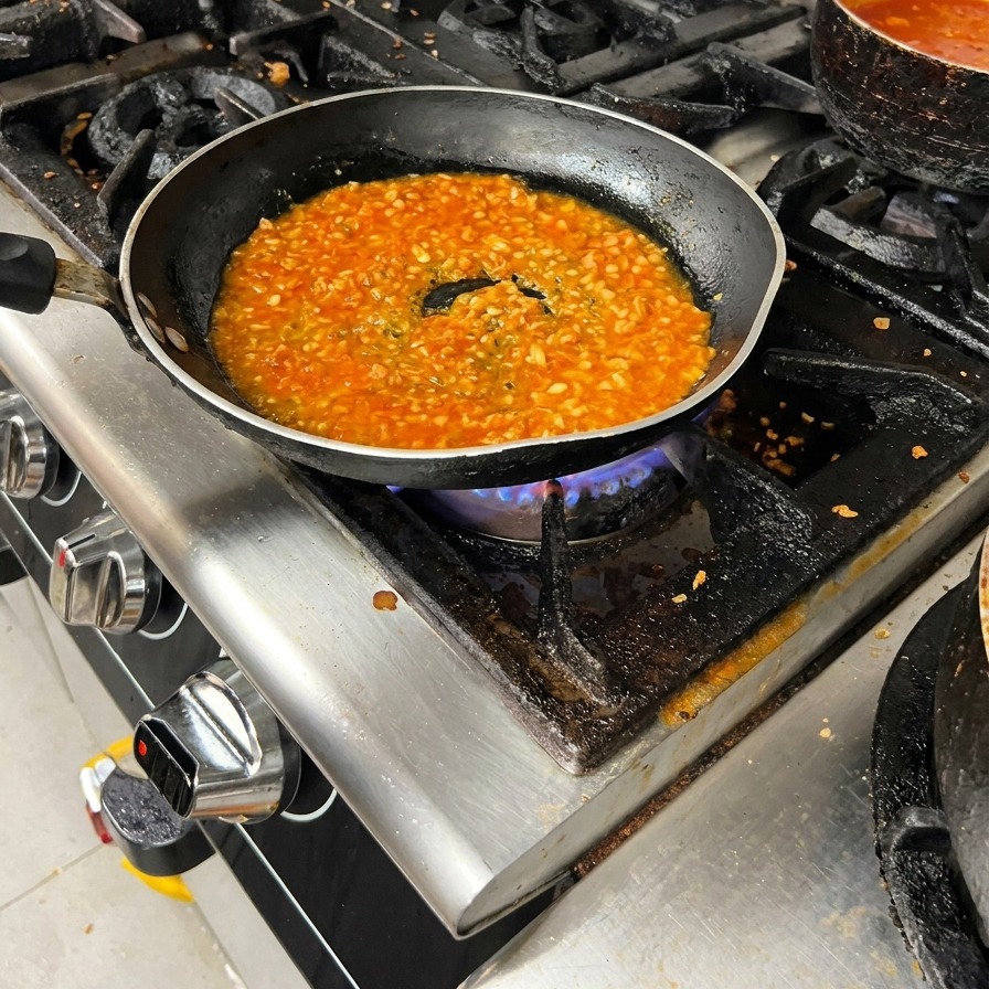 Ragù di carne rosso che borbotta in una padella sul fornello.