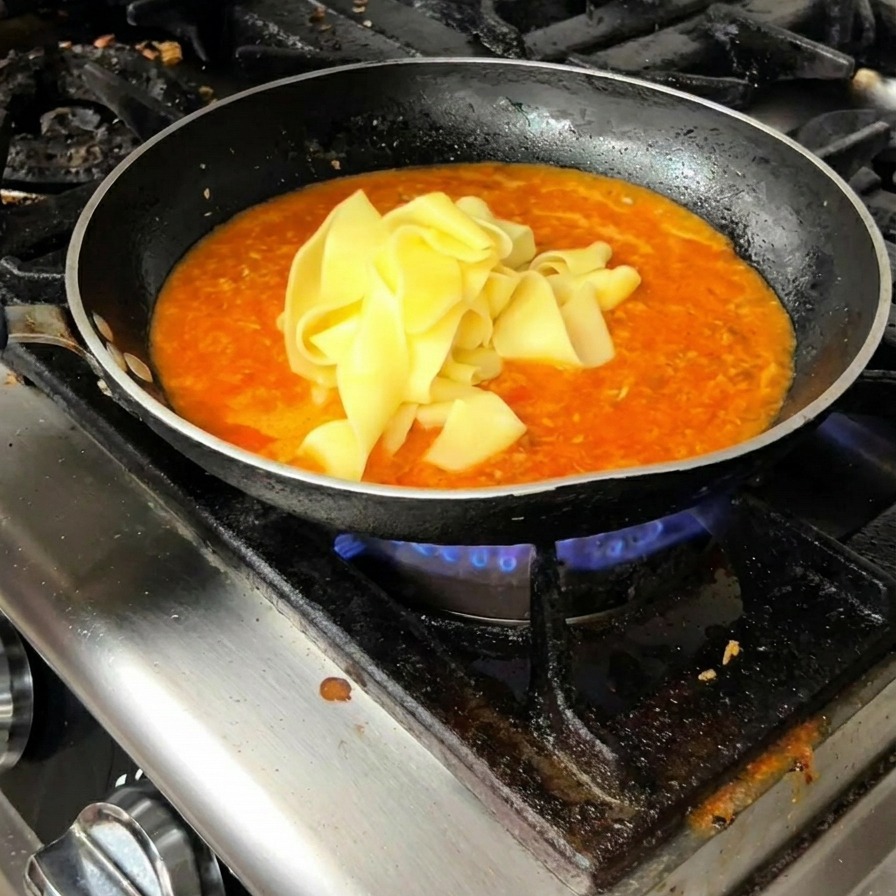 Pappardelle larghe vengono aggiunte in una padella con ragù rosso fumante.