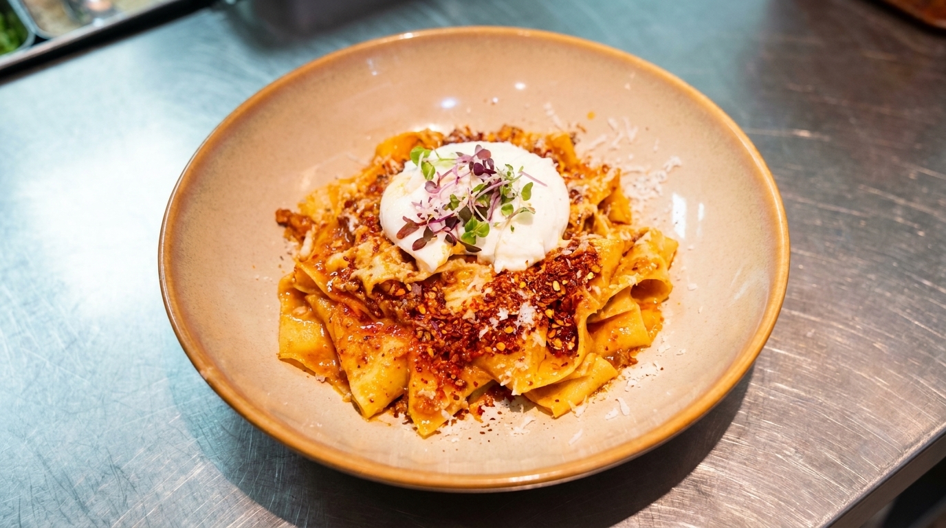 Pappardelle Fusion al Ragù Piccante con Olio Bollente e Uovo in Camicia