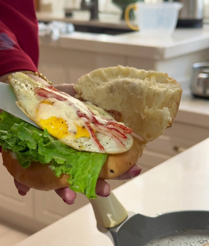 Una mano che tiene un panino aperto con lattuga, mentre una spatola inserisce il tortino di uova e granchio allinterno.