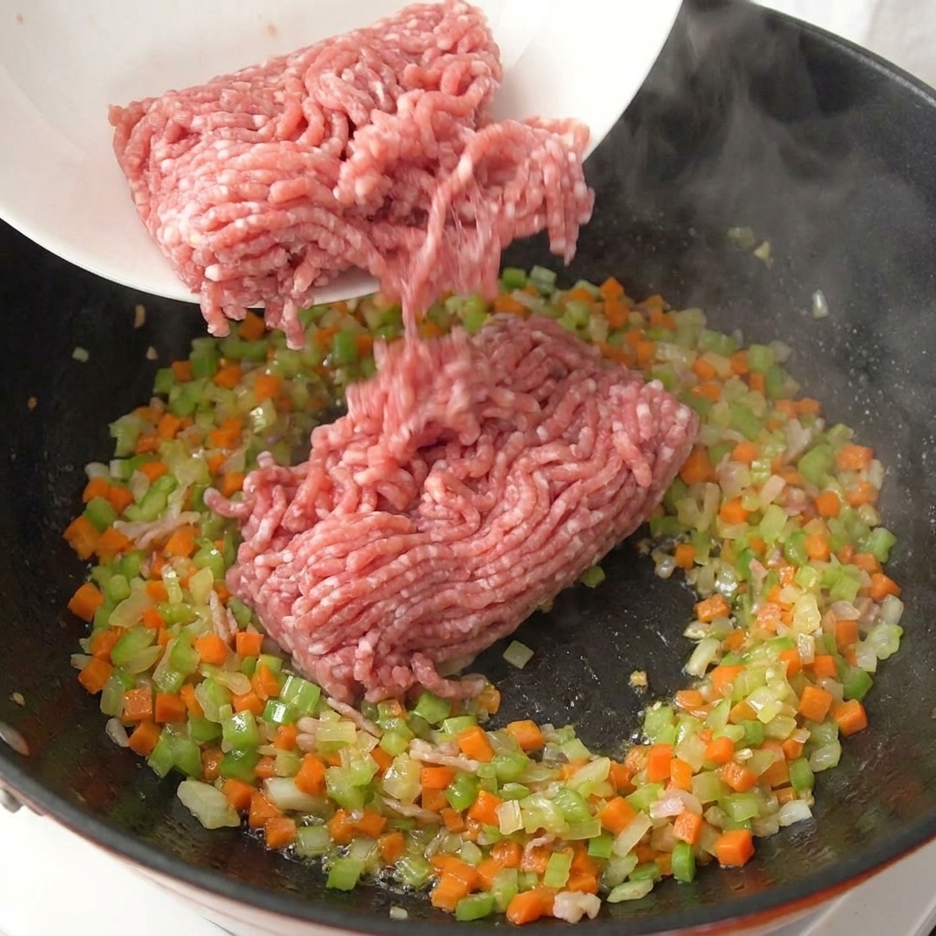 Carne macinata di maiale aggiunta nella pentola con il soffritto di verdure.