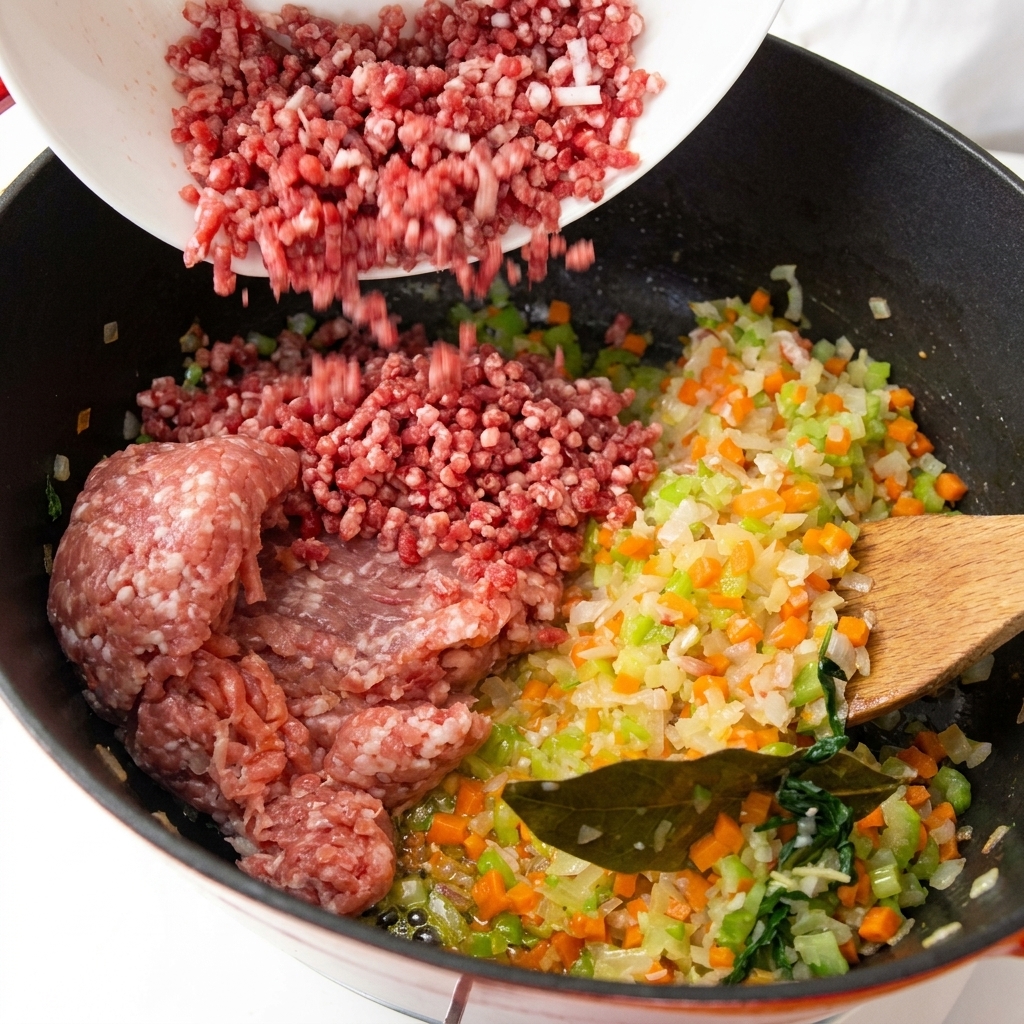 Macinato di manzo versato da una ciotola nella pentola insieme al maiale e alle verdure.