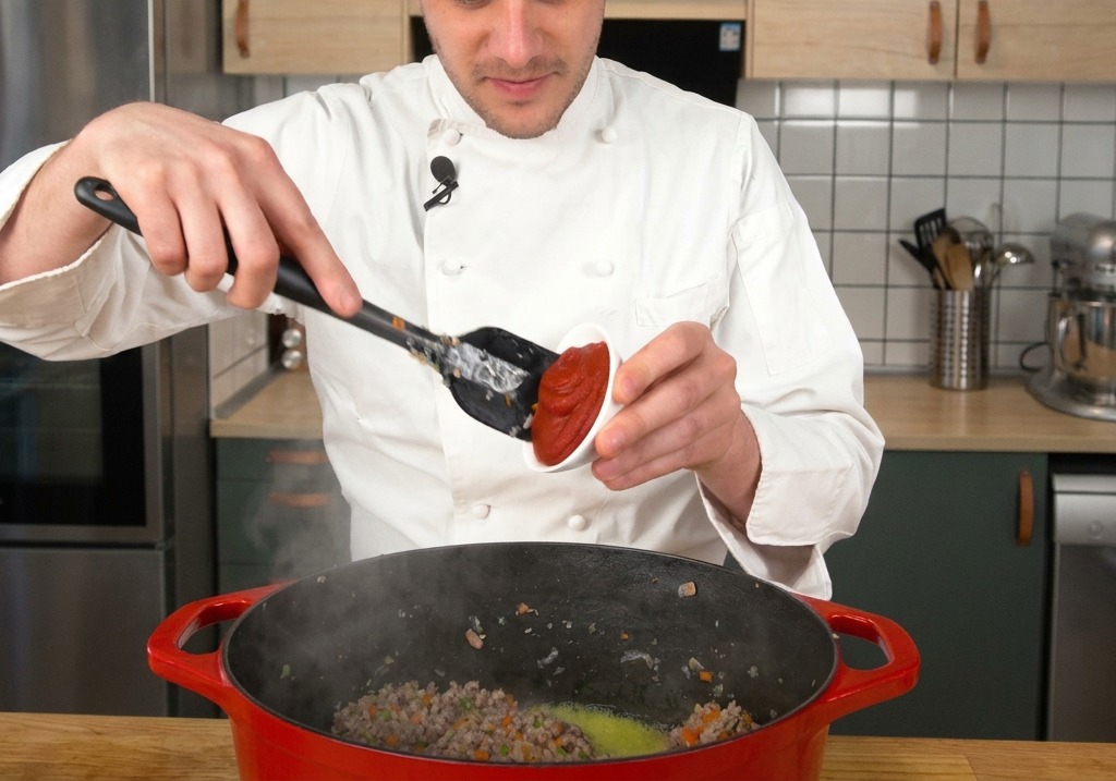 Un cuoco che aggiunge del denso concentrato di pomodoro rosso alla carne rosolata.