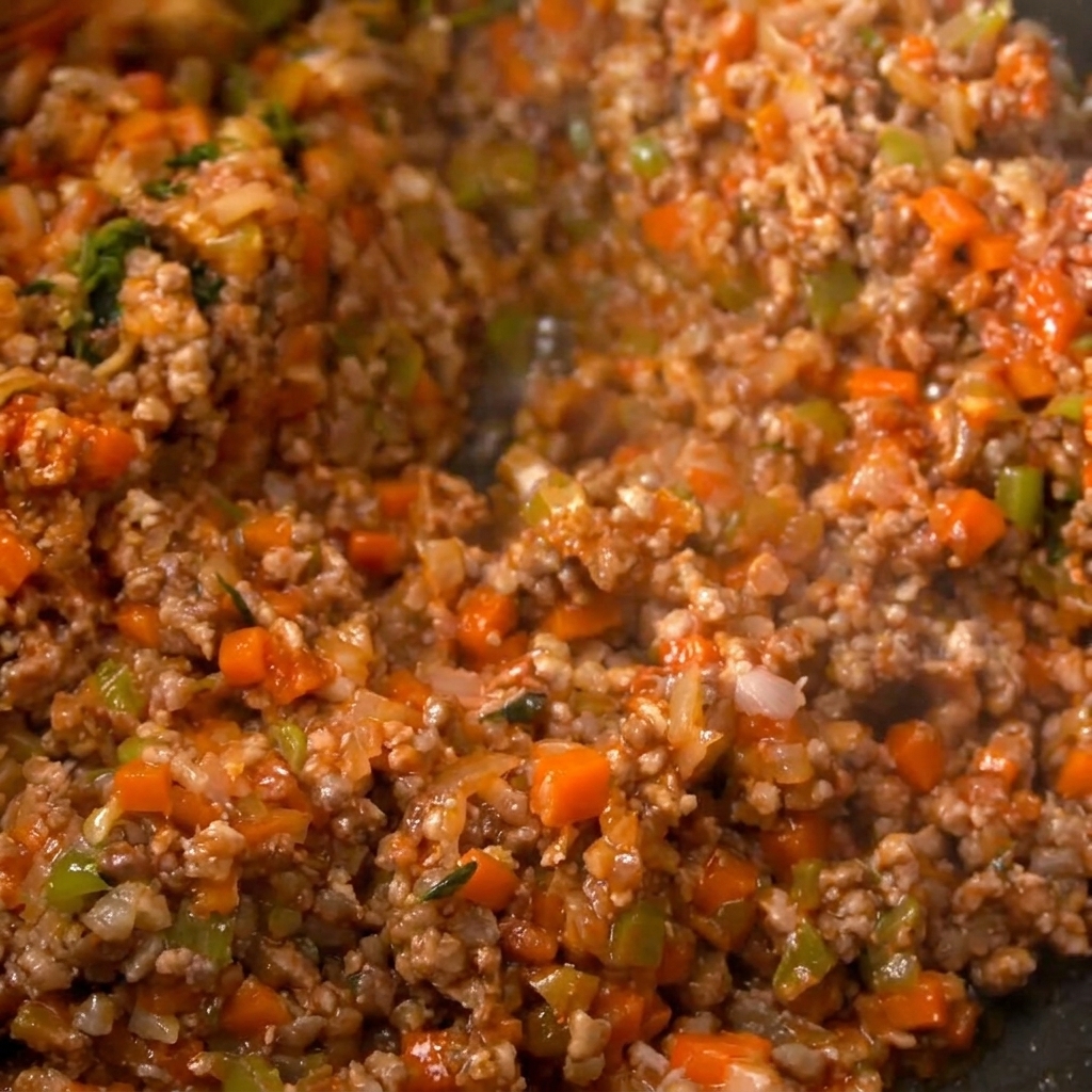 Carne e verdure rivestite dal concentrato di pomodoro rosso in una pentola calda.