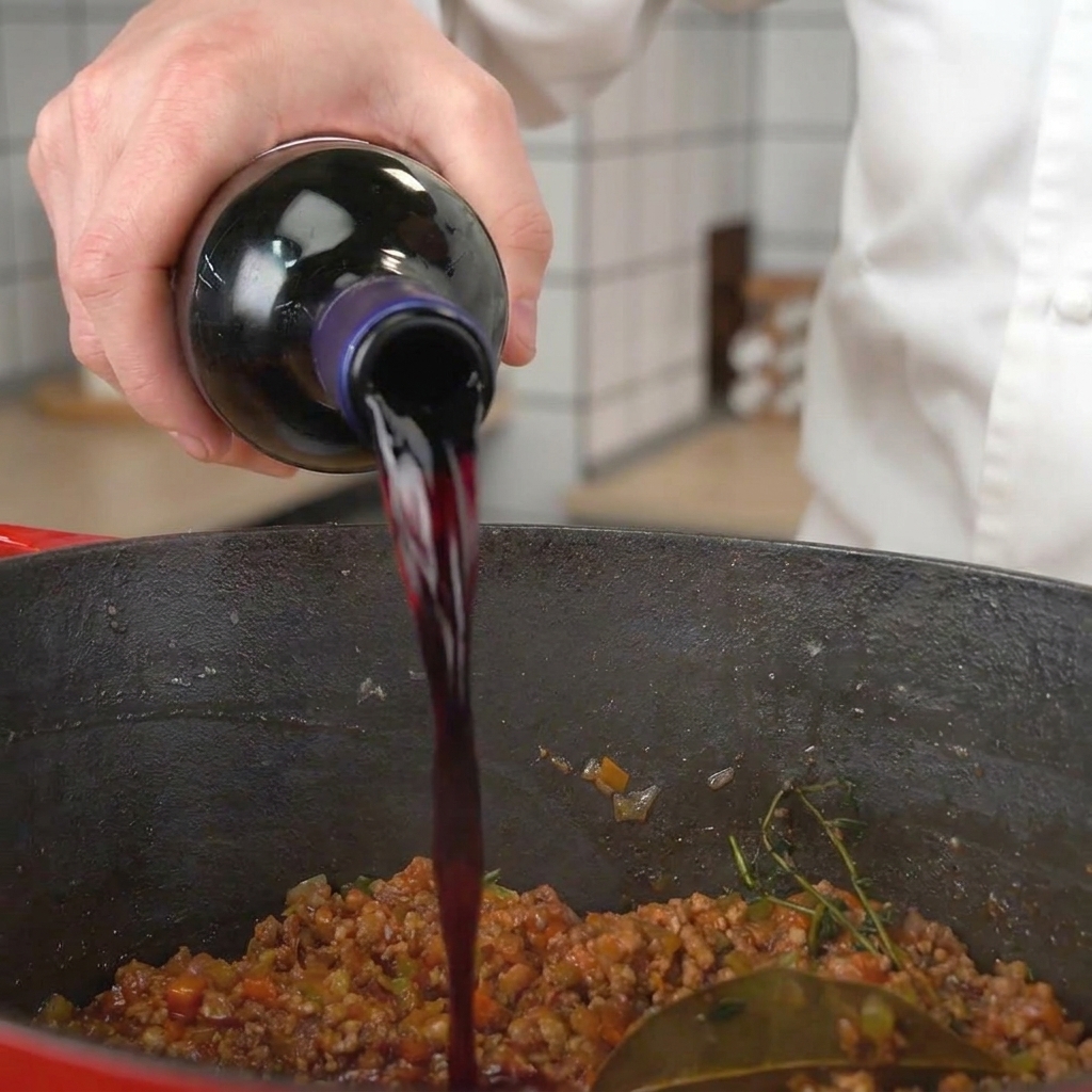 Vino rosso versato da una bottiglia in una pentola di ghisa con carne e verdure.