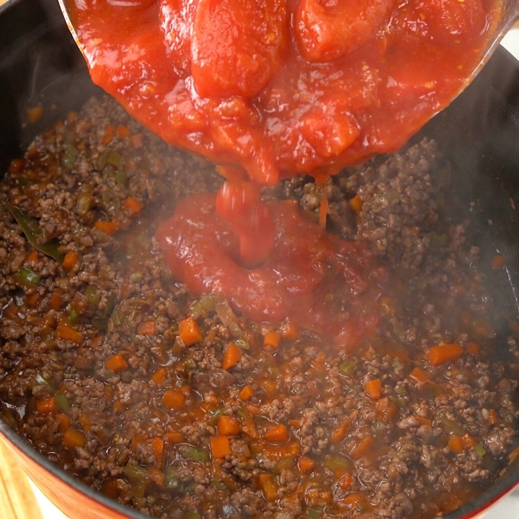 Pomodori pelati interi versati con il loro succo nella base di carne e vino.