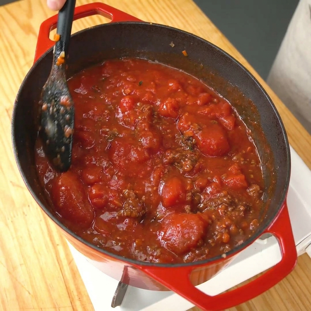 Un ragù denso e rosso che sobbolle dolcemente in una pentola di ghisa.