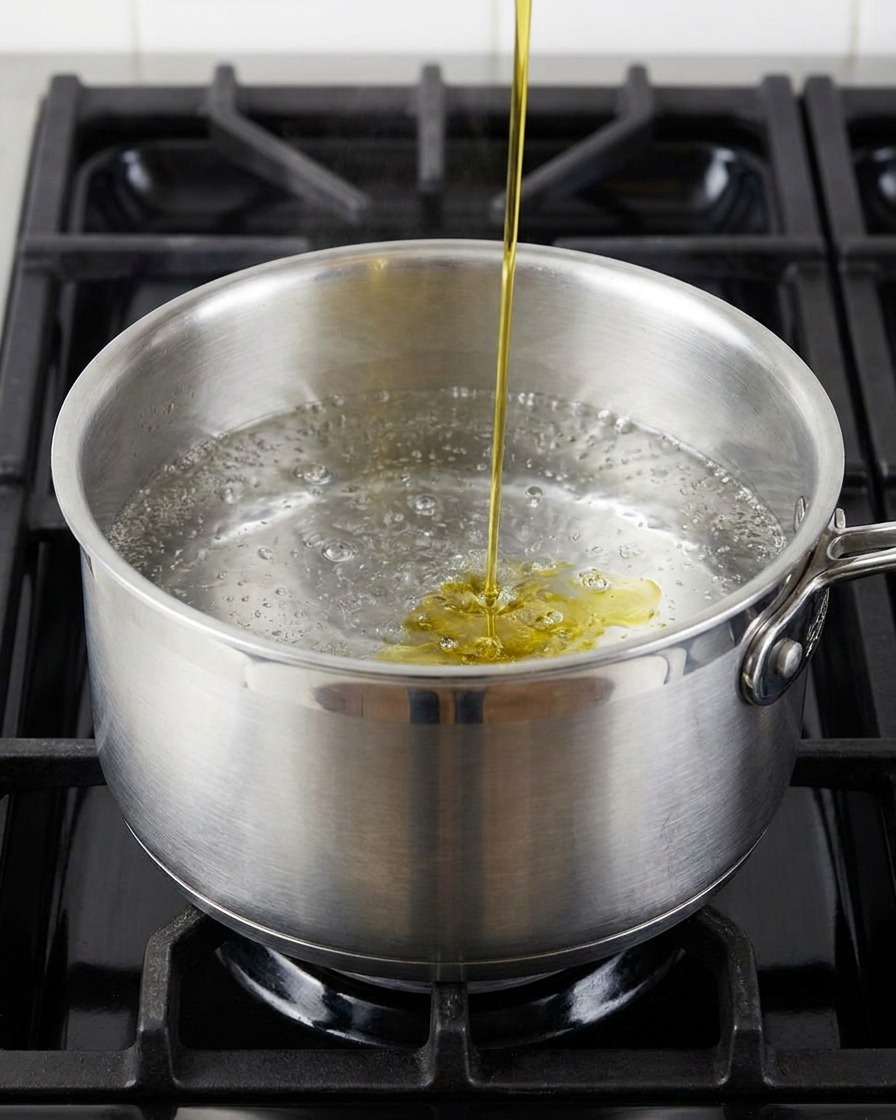 Olio doliva versato in una pentola di acciaio con acqua che bolle.