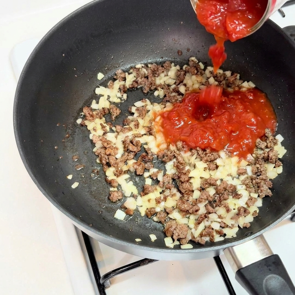 Polpa di pomodoro versata sopra la carne e la cipolla in una padella nera.