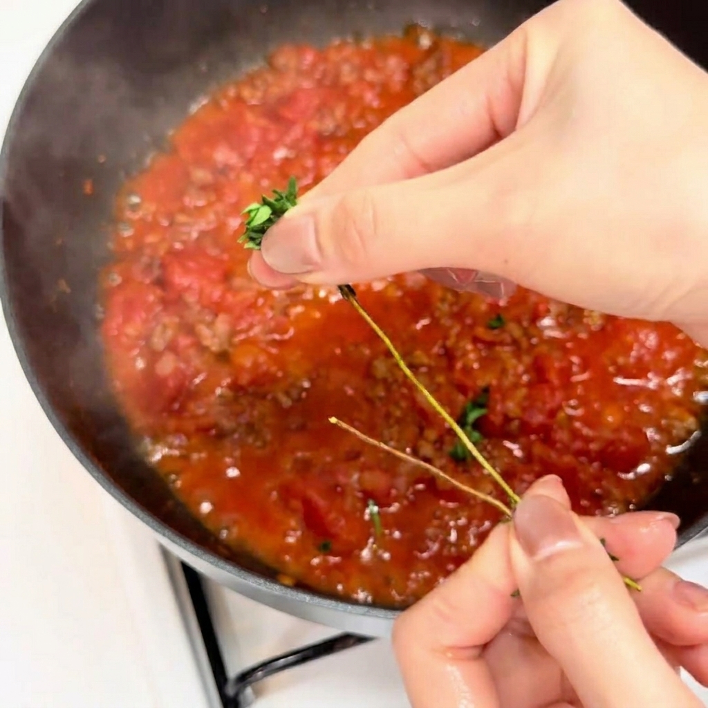 Un rametto di timo fresco aggiunto al sugo di pomodoro e carne in cottura.