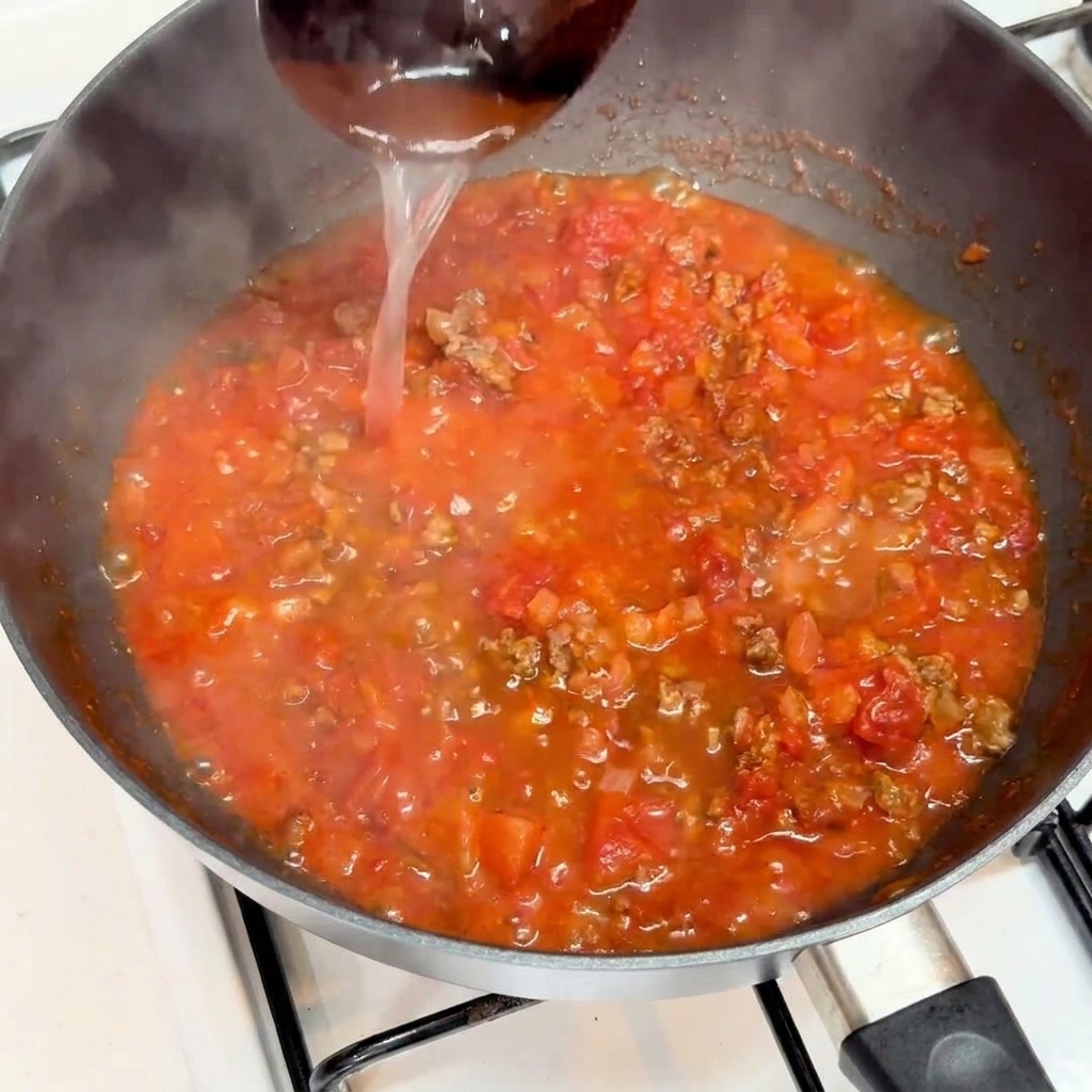 Un mestolo di acqua di cottura della pasta versato nel ragù di pomodoro.