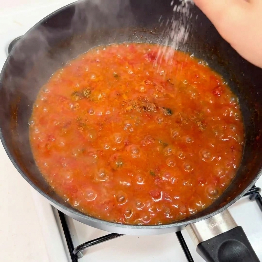 Sale marino aggiunto al sugo di pomodoro e carne in padella.
