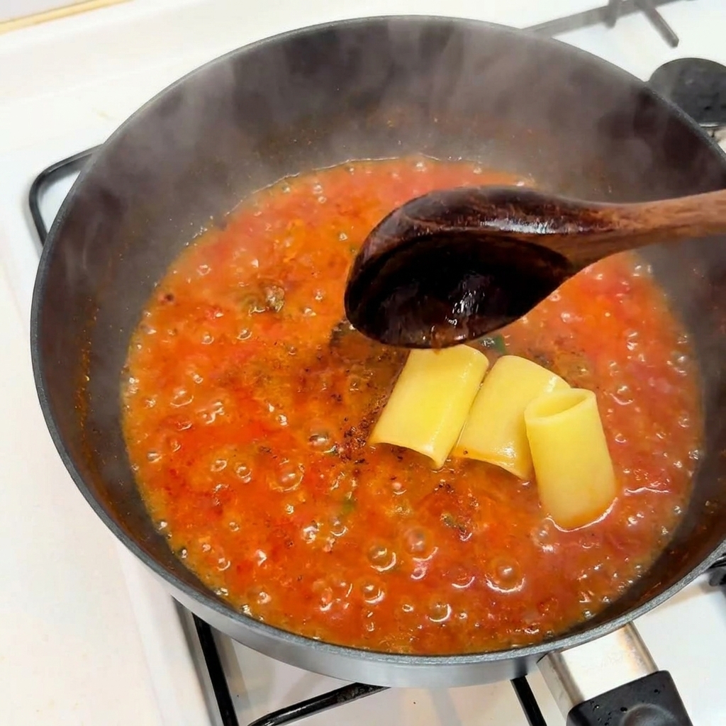 Paccheri cotti trasferiti nella padella con il ragù di pomodoro.