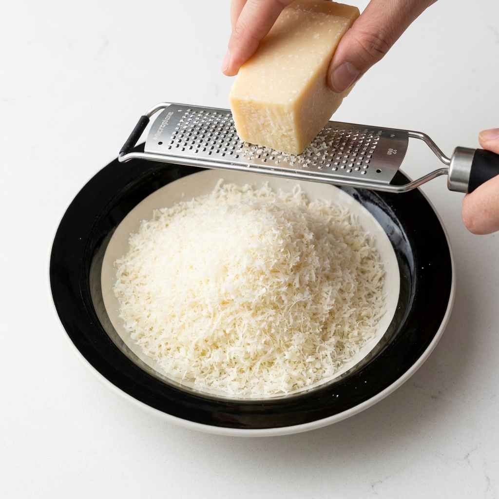 Mani che grattugiano un pezzo di Parmigiano fresco con una grattugia metallica.