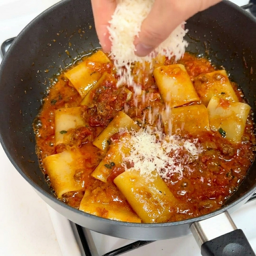 Parmigiano grattugiato cosparso sopra i paccheri al ragù in padella.