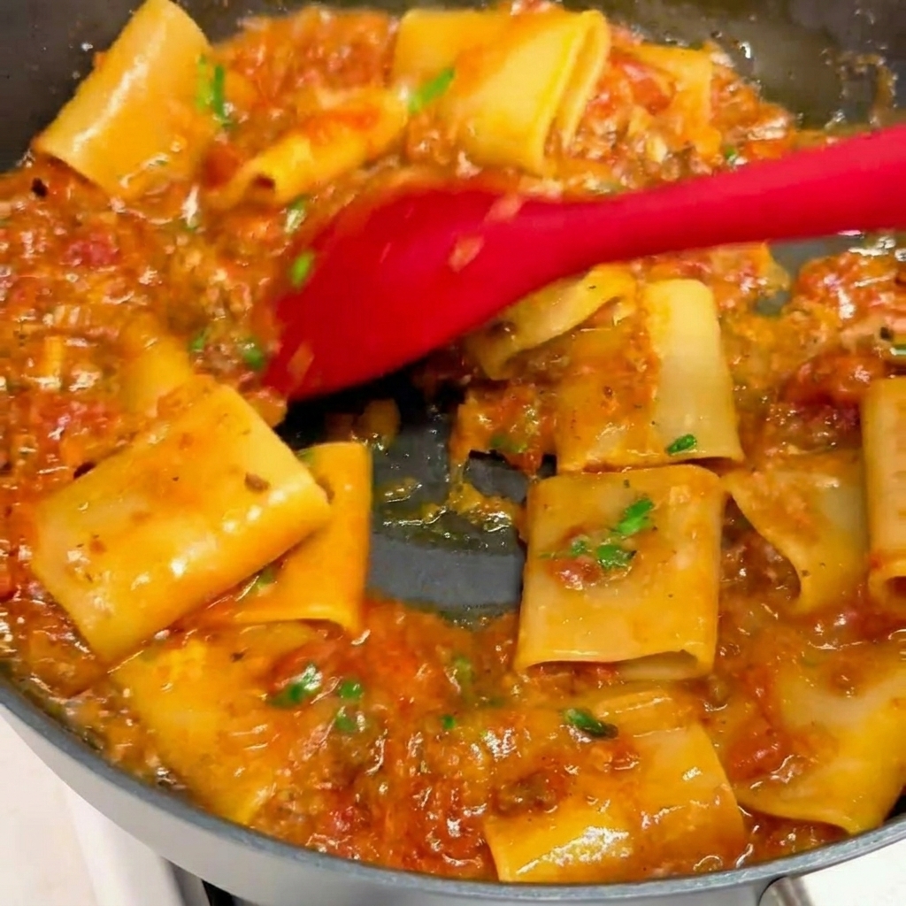 Spatola che mescola i paccheri con il ragù e il formaggio fuso in padella.
