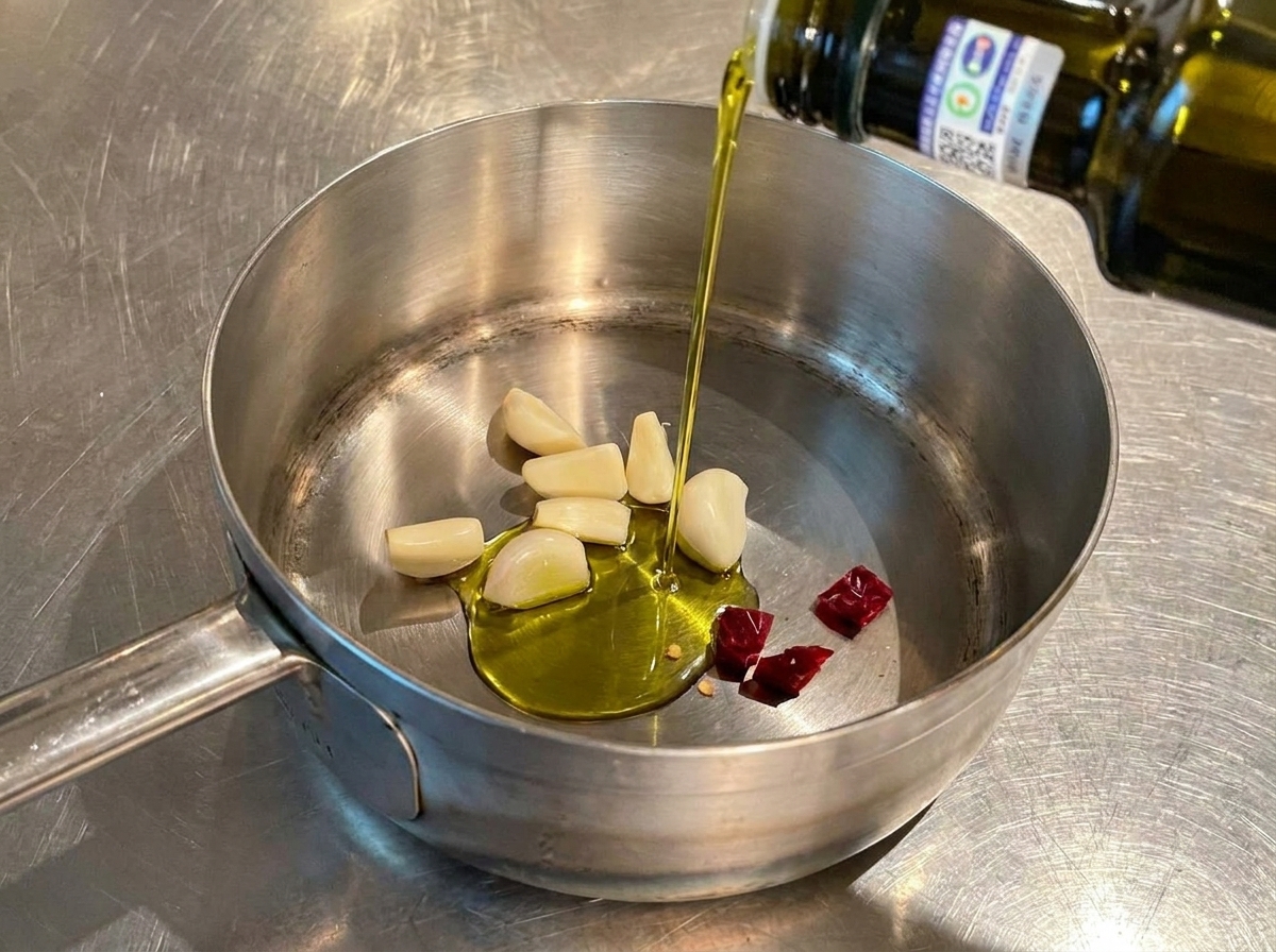Olio extravergine doliva versato da una bottiglia in un pentolino contenente aglio e peperoncino.