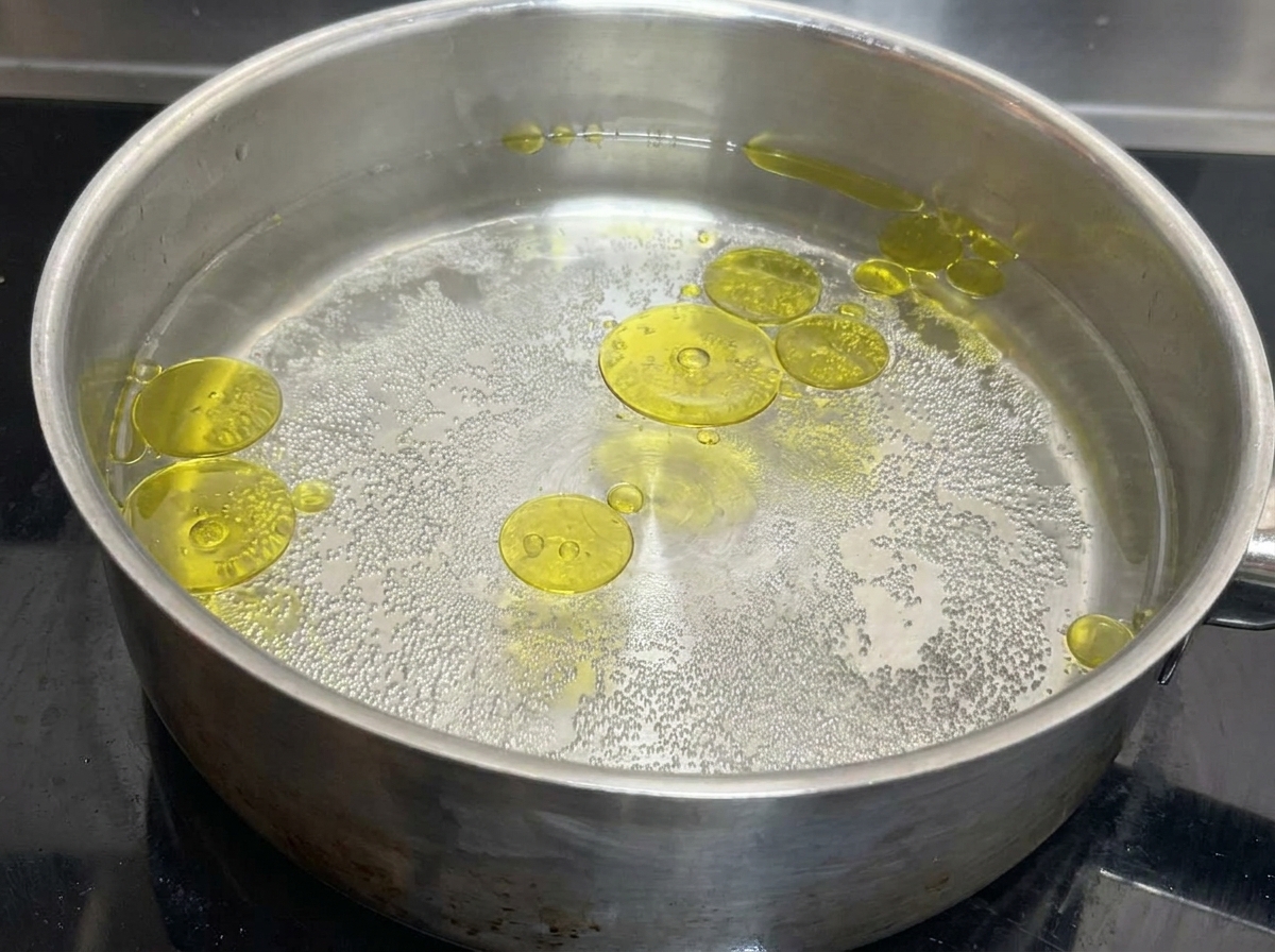 Pentola in acciaio con acqua in ebollizione vivace e gocce dolio in superficie.