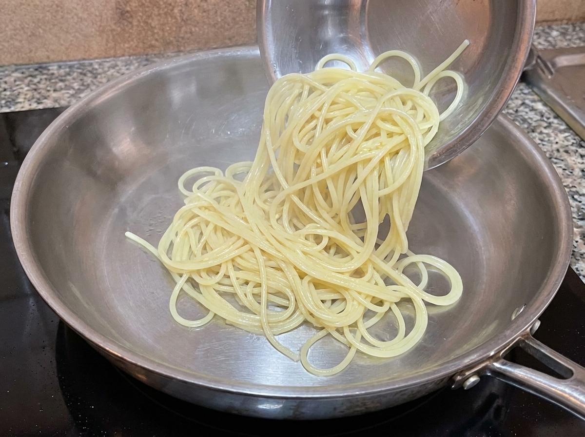 Spaghetti cotti trasferiti direttamente dalla pentola alla padella con la salsa.