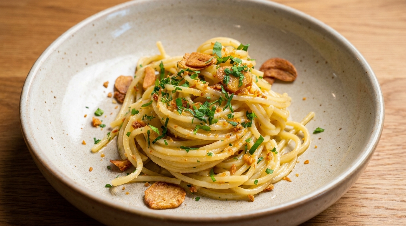 Spaghetti Aglio e Olio (con Crema d'Aglio e Aglio Croccante)